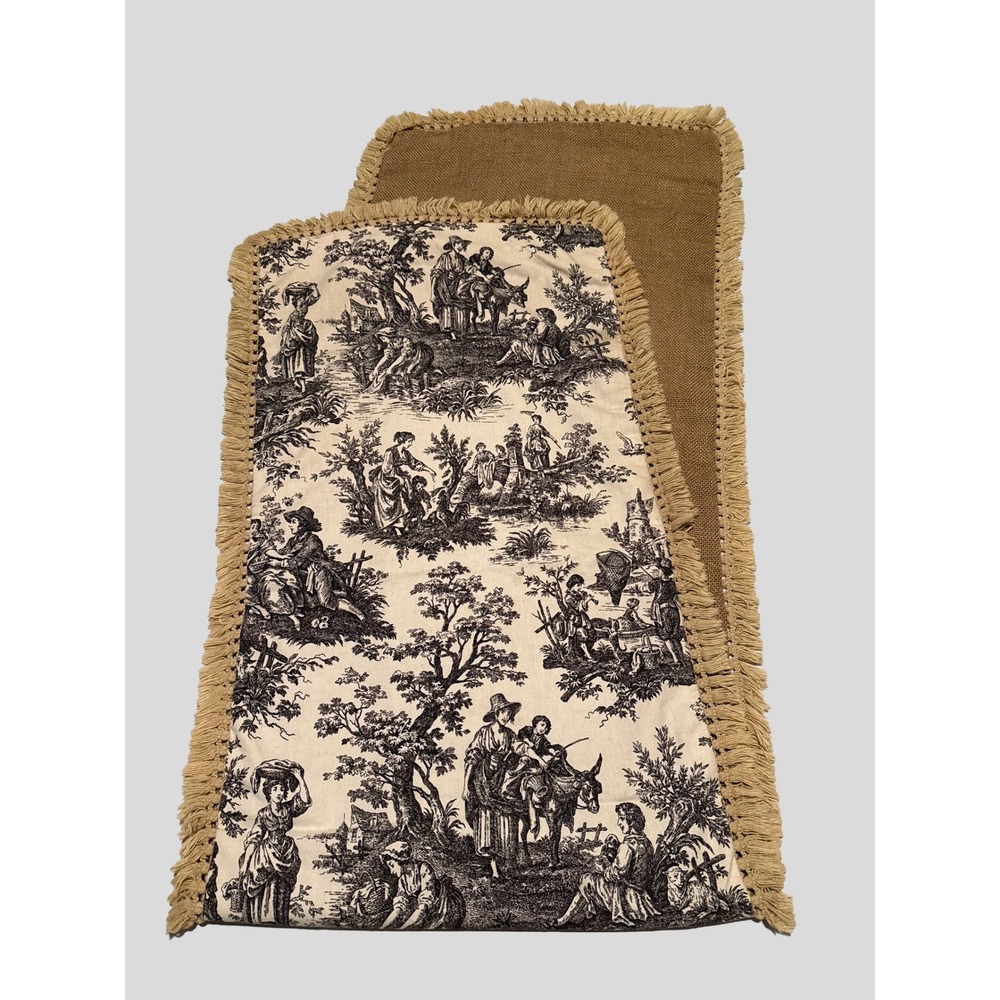 Vintage Toile de Jouy Table Runner Black Cream Pastoral Fringed Burlap Back 80